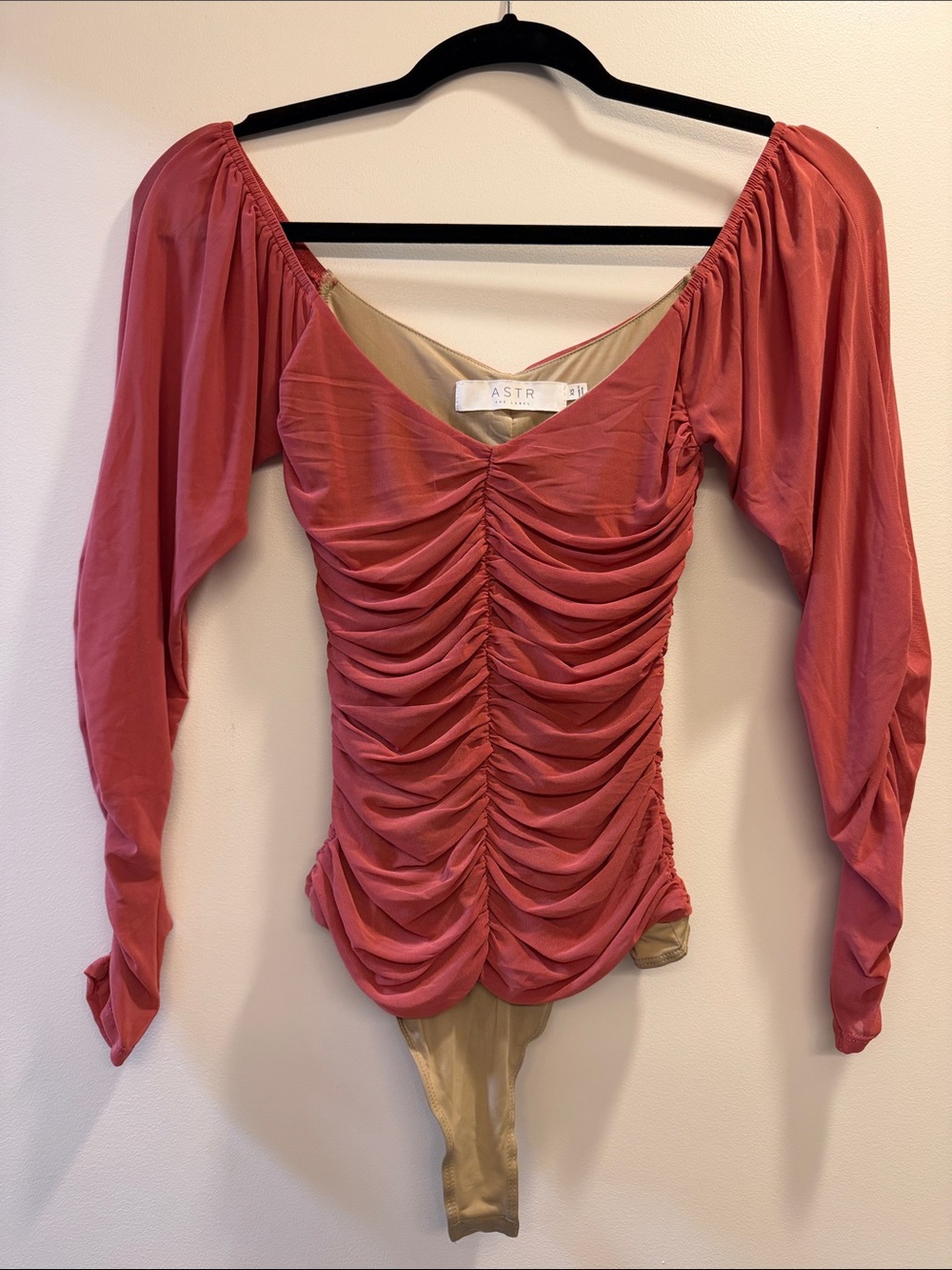 Astr Rose-Mauve Ruched Long Sleeve Bodysuit